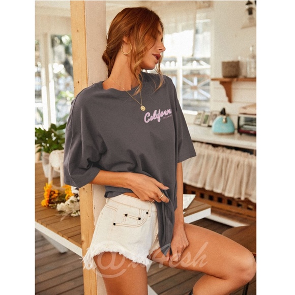 Oversized Tee Shirt Tropical Print Grey California Slogan - Picture 4 of 7